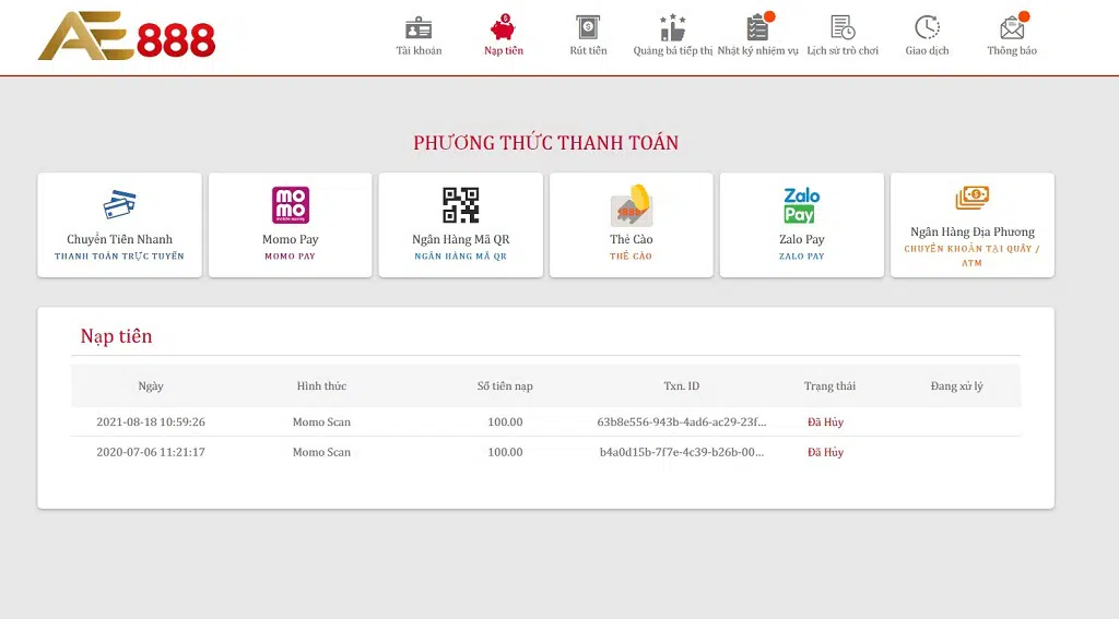 Giao diện nạp tiền tại AE388